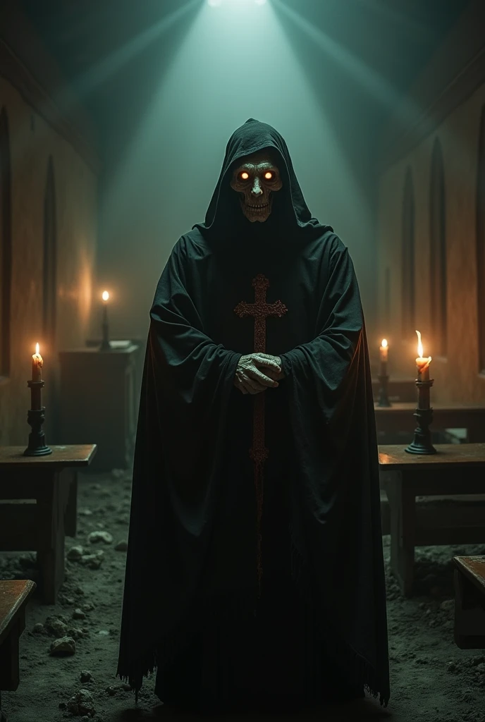 ugly scary horror 
priest looking at camera