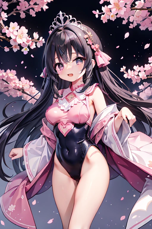 Highest quality、Very delicate and beautiful、I、I、8-year-old 、Japanese、upon、Chiquita、Noble、Primary school students、Black-haired、((Pink leotard))、（High leg）、Tiara on head、Laughter、standing、Look forward、The background is cherry blossoms、Large Breasts