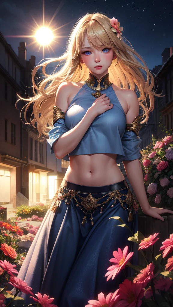 Realistic, One person, Blonde, Blue Eyes, Glowing Eyes, Crop top, skirt, Lips parted, blush, night, Flowers, sun, sunlight,