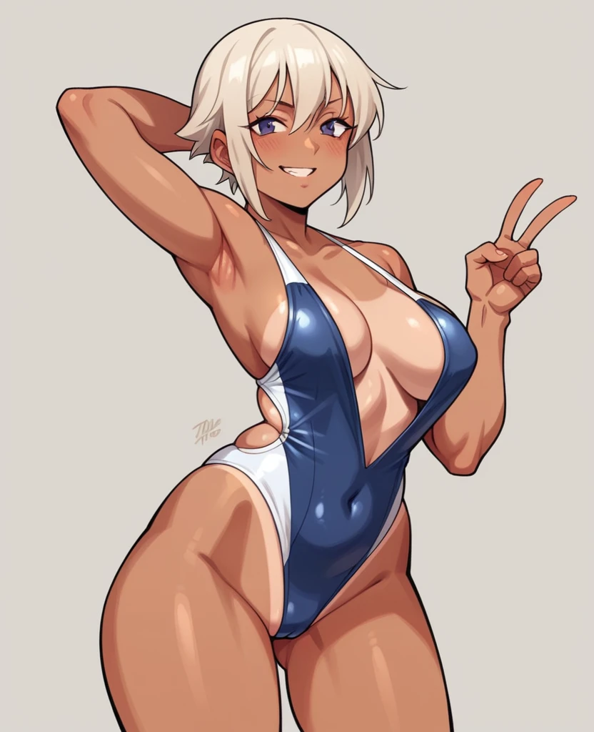 1woman, tan, tanned skin, swimsuit, V-shaped swimsuit, tiny swimsuit, revealing too much skin, exposing navel, no underwear except for ultra-thin V-front micro plunge., ((Only ultra-thin V-front micro plunge)), ((Only black ultra-thin V-front micro plunge))