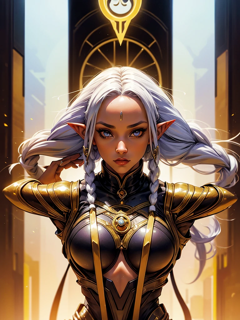 ((picture-perfect)) (​masterpiece), black female, honey-colored eyes, futuristic clothes, female magician, white hair with long braids, pointed ears 