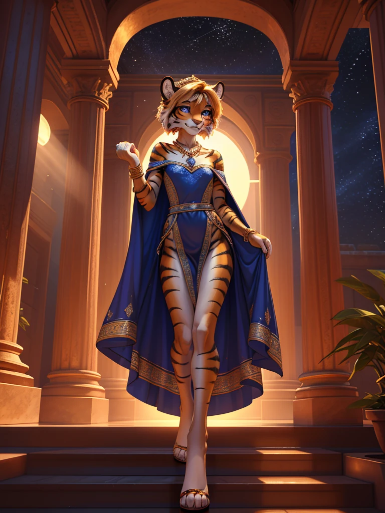 Beautiful, (masterpiece), high quality, perfect lighting, Highly detailed CG Unity 8k wallpaper, High resolution, perfect lighting, youthful, tall, slim, skinny, frail slender figure, slim legs, distinctly feminine figure, narrow hips, long legs, close-up shot:
Beautiful, (masterpiece), high quality, perfect lighting, Highly detailed CG Unity 8k wallpaper, High resolution, perfect lighting, youthful, tall, slim, skinny, frail slender figure, slim legs, distinctly feminine figure, narrow hips, long legs, close-up shot:
Species: Siberian Tiger
Hair color: Deep burgundy with golden highlights
Hair style: Elegant updo with loose tendrils framing her face
Texture: Silky smooth with a subtle shimmer
Eye color: Intense sapphire blue with a ring of gold around the pupils
Fur color and pattern: Classic tiger stripes in rich ebony against a base of warm ivory, with a subtle iridescent sheen visible when the light hits just right
Clothes:
Floor-length, off-shoulder gown in midnight blue silk, with a high slit revealing one leg
Bodice adorned with intricate silver embroidery resembling constellations
Sheer cape attached at the shoulders, shimmering like stardust
Delicate silver chain belt accentuating her waist
Accessories:
Ornate silver tiara set with moonstones and sapphires
Long, flowing ribbons tied around her wrists, floating ethereally
Intricate henna-like patterns painted on her exposed leg and arm in luminescent ink
Pendant necklace with a crescent moon cradling a glowing orb
Pose: Standing atop a marble staircase, body angled slightly, one leg extended through the gown's slit. One arm raised gracefully, hand reaching towards the sky
Expression: A blend of wonder, determination, and a touch of melancholy. Eyes wide and sparkling, lips slightly parted
Activity: Gazing up at a celestial phenomenon in the sky, body poised as if about to ascend the staircase
Background: A grand, open-air temple platform high in the mountains. Ancient pillars frame the scene, with floati