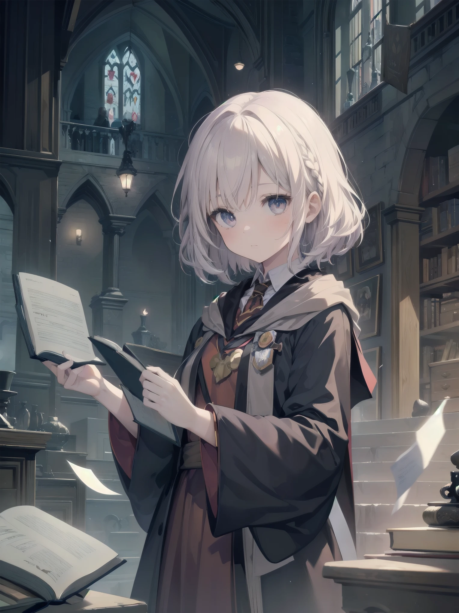 Masterpiece, Top Quality, Absurd, High Resolution, Subject Seismic, Animation Style Illustration with Mock Pause, 1 Girl, Solo, Cute random hairstyle, beautiful random expression and face, random age, slender, random clothing for situation,wizard robes, wand, magical castle, owl, spell book, (Hogwarts: 1.2), magic, wonder, (Harry Potter inspired: 1.3), mysterious atmosphere, details