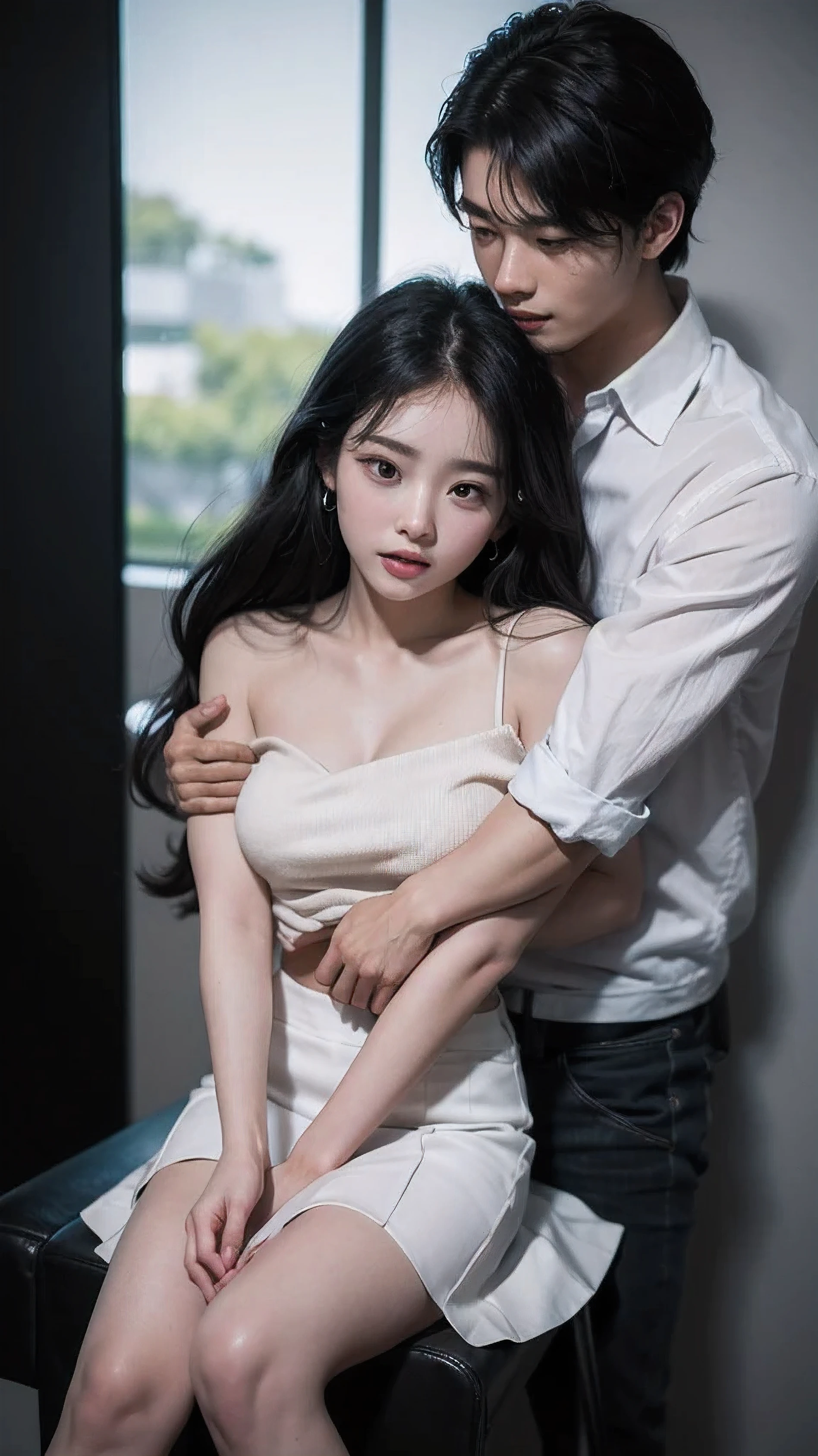 (young man 25 years old)、(The young man hugged her from behind and spoke into her ear.)、The other men grabbed her in a cocky manner.、Pick up a white skirt and rock your knees back and forth.、picture、Masterpiece、best quality、dark gray background、(1 The girl&#39;s blue eyes and two meter long black hair)、Waiting for you to use until your stomach is full with small buttocks breastini Sexy Swing Skirt Round:1.3)、(white open shoulder shirt:1.3)、The old man leaned on her from behind and picked her up.、