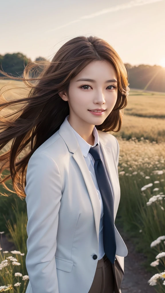 highest quality、genuine、Super detailed、finely、High resolution、8k wallpaper、one beautiful woman、、、light brown disheveled hair、wearing a business suit、sharp focus、perfect dynamic composition、beautiful and detailed eyes、thin hair、Detailed genuine skin texture、smile、model body shape、In a windswept meadow