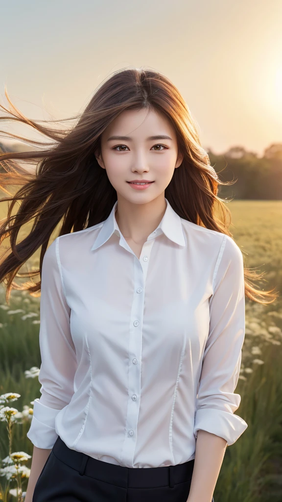 highest quality、genuine、Super detailed、finely、High resolution、8k wallpaper、one beautiful woman、、、light brown disheveled hair、wearing a business suit、sharp focus、perfect dynamic composition、beautiful and detailed eyes、thin hair、Detailed genuine skin texture、smile、model body shape、In a windswept meadow