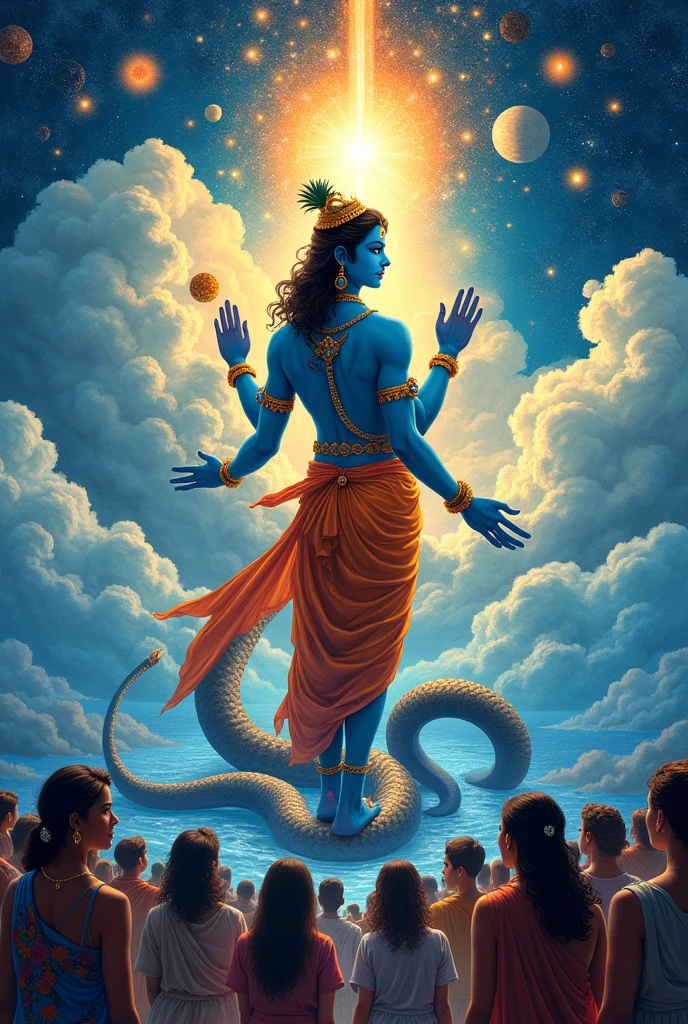 Create a woodcut style image digital art surreal art that depicts a lord krishna with divine characteristics, the figure is one chosen by the gods of spirituality,the figure is shrouded in clouds looking at the planets and ancestral signs,figure has a crowd of people around him who look at him with surprise and admiration,quantum art spread across the image,Use a vibrant color palette, including blue, oranges and whites, to create heavenly contrast and a stunning visual effect. The ornaments worn by krishna and krishna should highlight in this attire.body glowing. He was in sea and standing on 7 heads snake by folding tail. Sri krishna with many hands