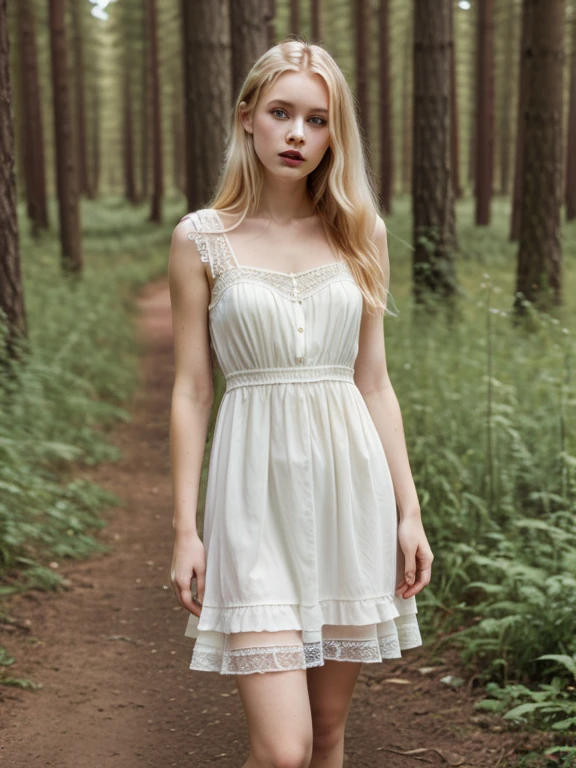 woman, young, blonde, pale skin, forest, dress