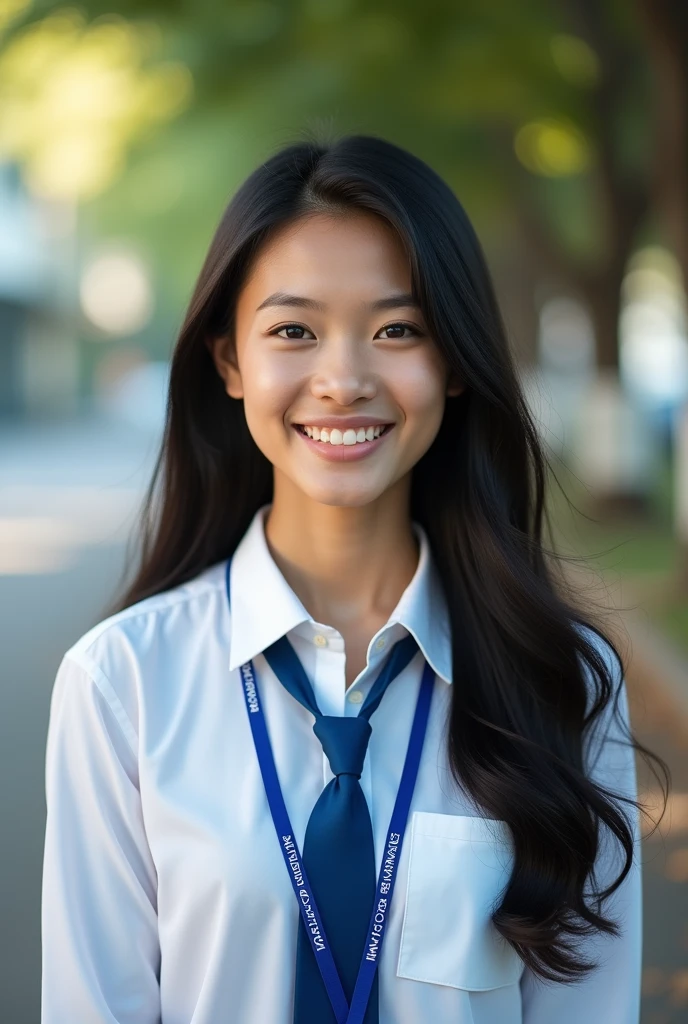 (Masterpiece),(complication:1.3),(The most realistic),((not revealing or provocative)),(Dress appropriately and neatly.),(A student), A portrait of a woman, 18 years old, beautiful face, beautiful faceแบบไทย ,long black hair ,smiling and happy, holding a notebook, Thai person ((wearing a white long-sleeved collared shirt)), ((Wear a blue lanyard with white lettering that says "kalasin Vacational School")), ((Wearing a solid blue necktie)) Dressed simply,warm light, weak sunlight, Photo shows only half of the body ,professional photographer for detailed photos, Have clarity, dramatic, Awarded first prize, Cinematic lighting, (film grain,A blurry background, Blurred background, bokeh, depth of fied),(Children under 18 years old can watch.)