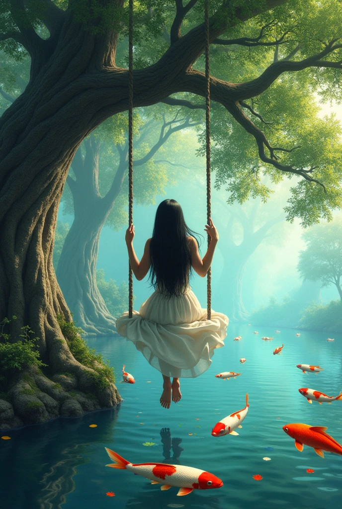 (photorealism:1.2),realistic portrait, a swing swinging on a large shady tree, there is an individual woman with long black hair, a background full of koi fish, cool views, beautiful atmosphere 🌲🏞️