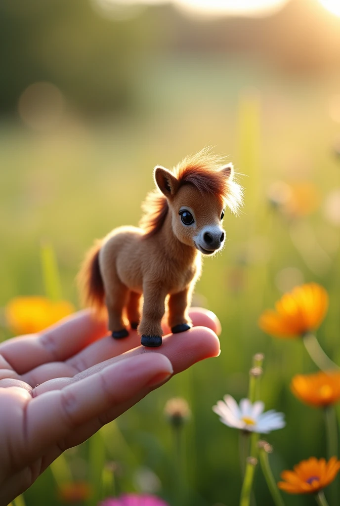 There is a small pony sitting in a person's hand, a miniature pony, a miniature animal, sitting on a finger, cute and cute, cute and cute, cute kitty, cute pony, the photo is very realistic,  Very small, beautiful horse pictures, just a neat little thing, cute little nose, beautiful and cute, beautiful creatures, pretty cute, very detailed photos.