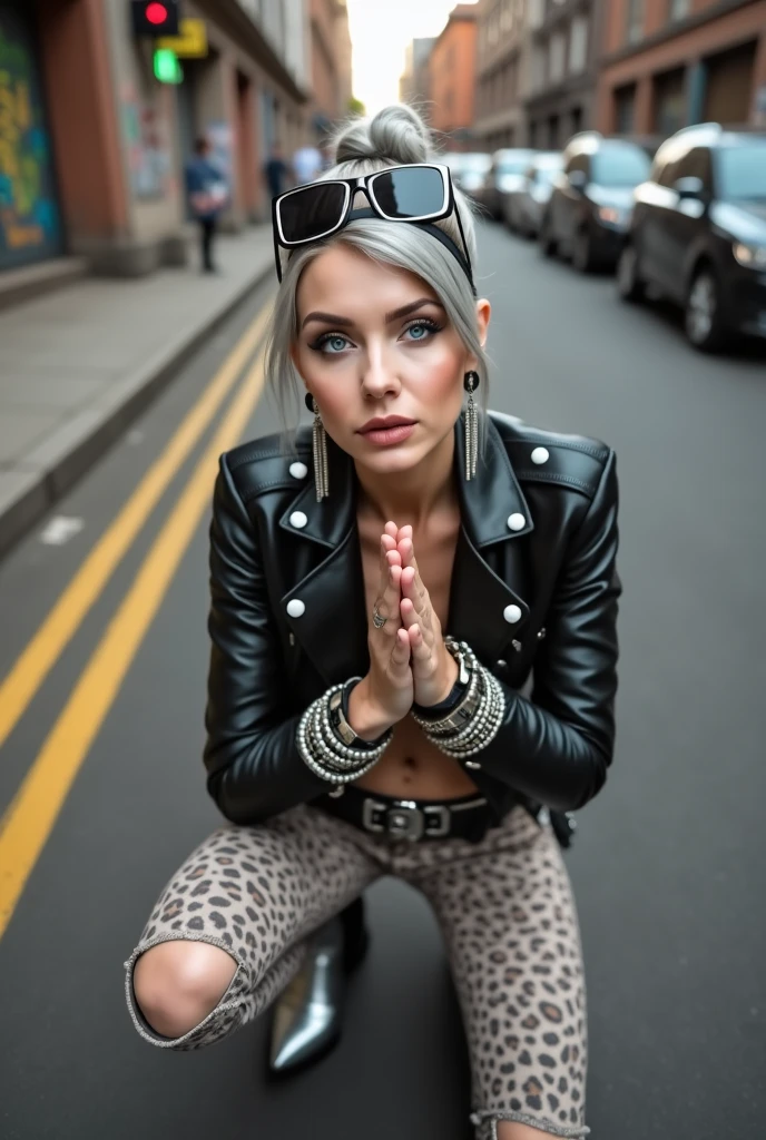 russian old milf woman, gray hair (huge top bun with shaved sides) and sunglasses as headband (big square maxi glasses), with very light blue eyes, extremely pale. Wearing cropped black moto jacket, black bra, brown leopard print leggings with worn knees and pointy silver Chelsea boots with cuban heels . Lots of metallic bracelets and collars. Tacky leather belt with oversized buckle. Long silver earrings. Kneeling in a payer, looking up, chin up, eyes and mouth wide open in amazement. Hands in praying position. Looking at the camera in amazement, toned abdominals, thin legs and thin arms. tattoed