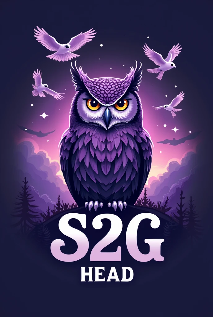 I WANT TO CREATE A LOGO, LET IT BE A MALE PURPLE OWL, LET IT SAY S2G ON THE TOP, LET IT SAY HEAD ON THE BOTTOM, AND LET THE OWLS FLY IN THE BACKGROUND