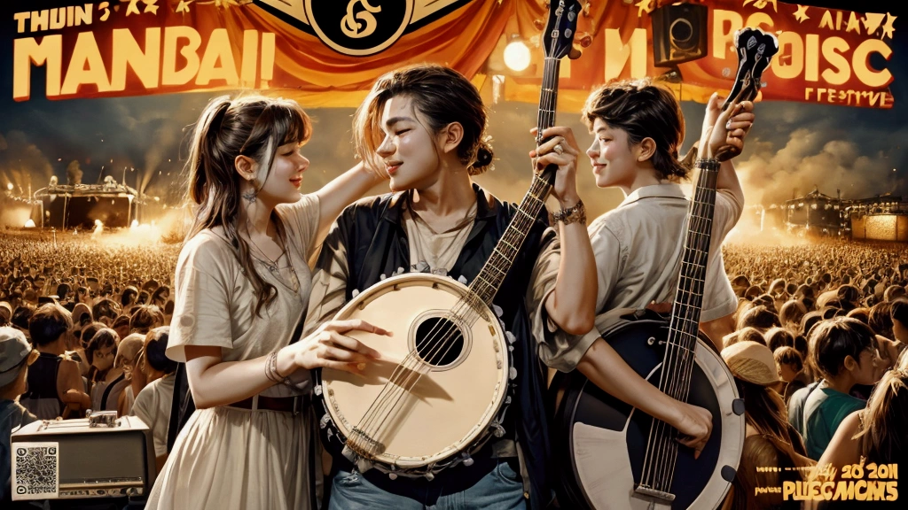 Draw a music festival poster,Playing the banjo,Musical note elements