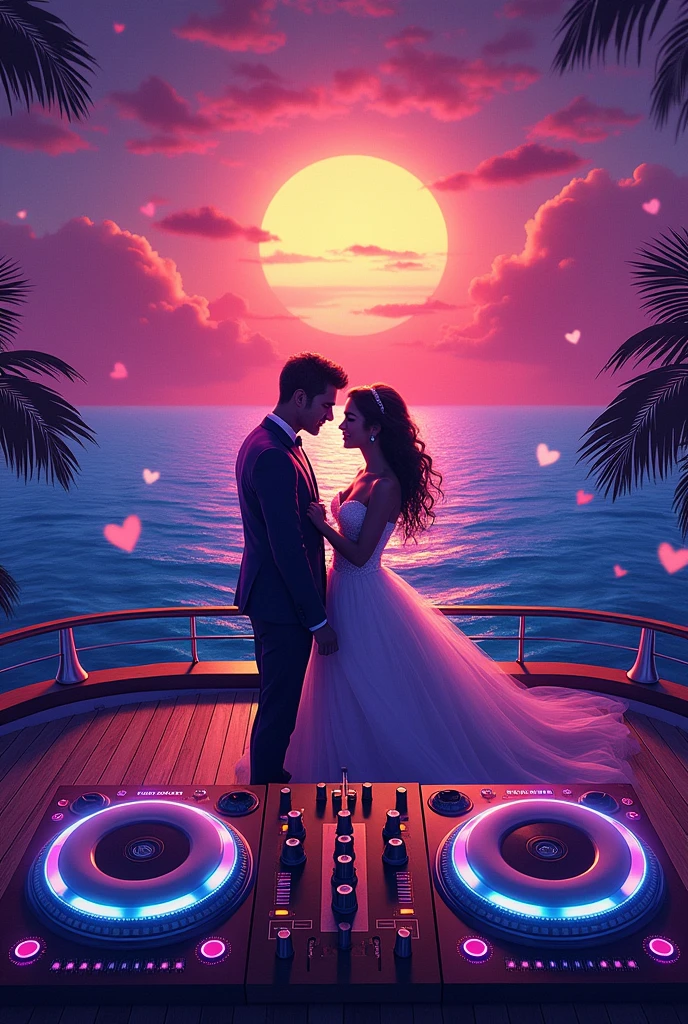 DJ FRANK JR and DJ FROSTI needs an artwork for a club event, the Name is LOVE ON DECKS, the name of this 80's and 90's party is a pun of cruise ship and DJ turn tables. Include the silhouette of a gothic wedding couple 