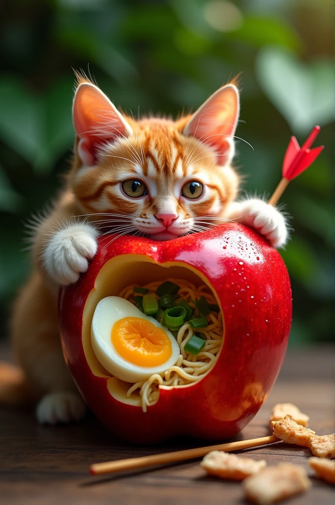An apple with an arrow stuck in it、The ramen in it、eating cat