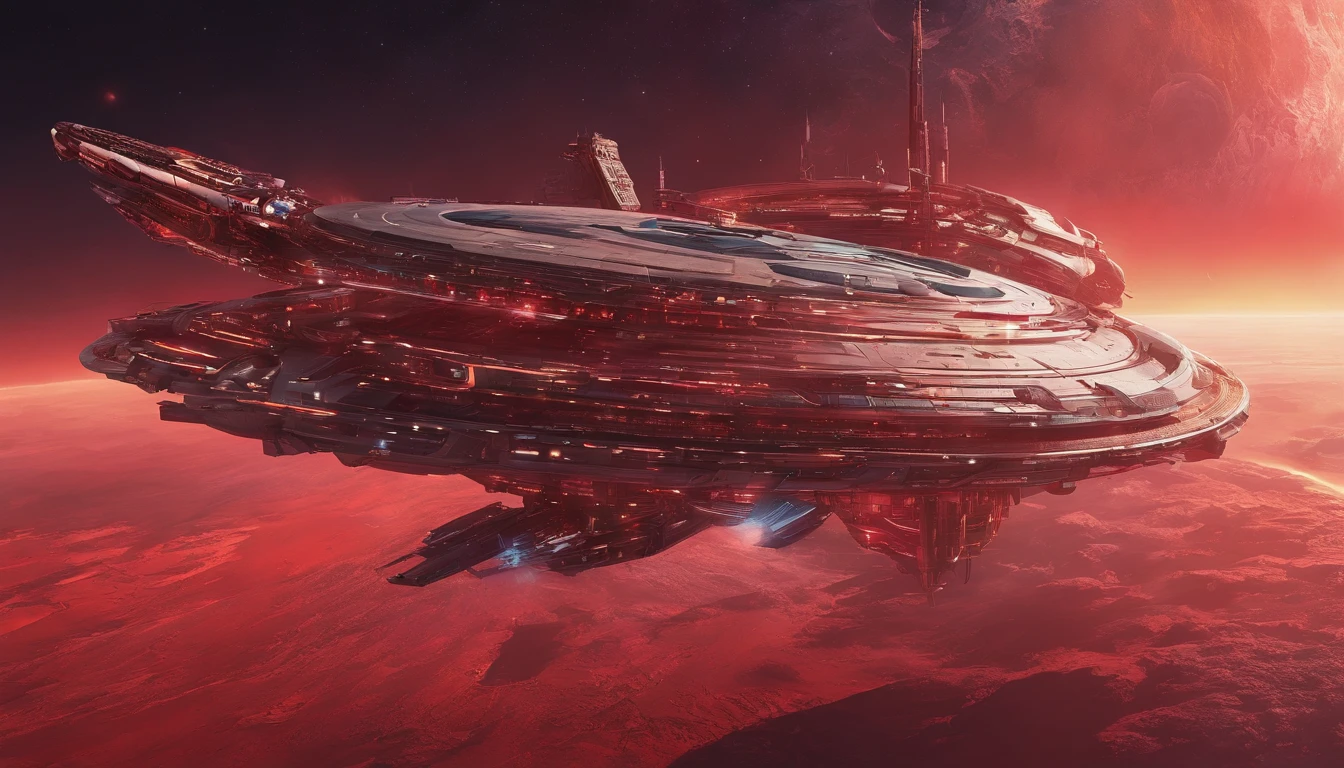 A starship of Royalpunk style,very intricate details, aesthetic.The ship is adorned + gold royalistic ambiance, crimson red gears, levers, exact patterns, contrasting + its metallic crimson body.Background has stars, ships, & gigantic Earth-type planet.750k UHD 4D. Styles of Steven Spielberg, Harlan Ellison.Hyperrealistic, mid shot, color depth.