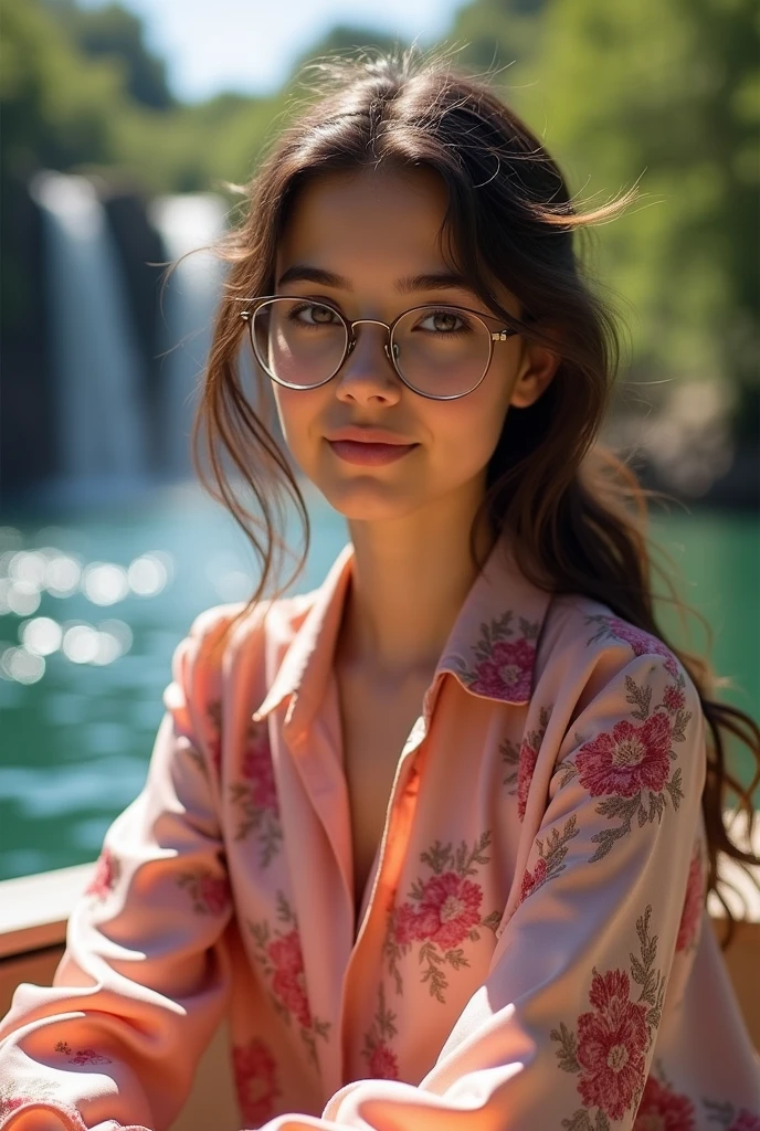 Portrait of a 17-year-old Arab girl with long brown eyelashes, Wearing glasses,and a silk floral brocade blouse, made of pink silk and brocade, sitting on a boat in the middle of a lake with a beautiful waterfall flowing in the background.,in a calm and peaceful atmosphere with her face looking at the camera and the sun shining on her hair