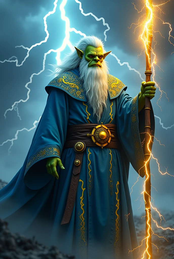 Orc, Orckin, orc sorcerer, orc, green skin, orcstorm sorcerer, white hair resembling thundercloud, blue robes with yellow lightning pattern, carrying staff crackling with energy, lightning storms, handsome, pristine, rpg, hi res, 4k, 8k, 16k, ultrahd, realisitic, photon mapping, radiosity, cinematic lighting, sharp focus, best quality, volumetric lighting, volumetric light, concept art, path tracing. warm colors, (RAW photo., best quality), (realistic, Realistic: 1.3), NVIDIA RTX Ray Tracing, octan render, high-resolution, beautiful, Awesome, finely and highly detailed, masterpiece, ultra-detailed, High, (best illustration), (best shadow), intricate, sharp focus, perfect composition, fantasy, intricate, elegant, volumetric mist, 8k UHD, DSLR, high quality, (grain of film: 1.4), Fujifilm XT3, art-station, smooth and sharp focus, detailed