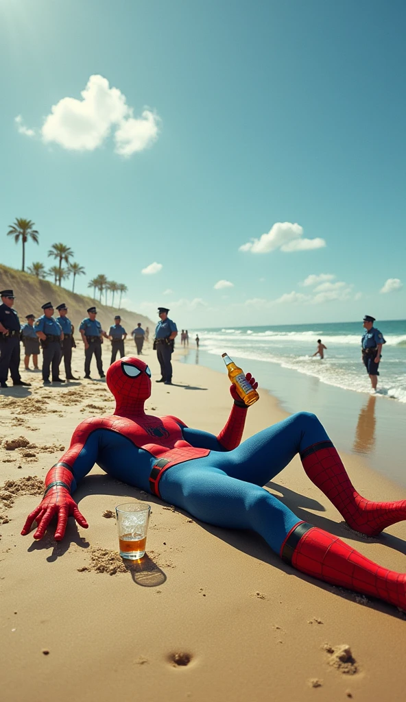 A very big Spiderman is lying on the beach after drinking alcohol, holding a beer bottle in his hand. An empty bottle is lying next to him and many policemen are standing around him.