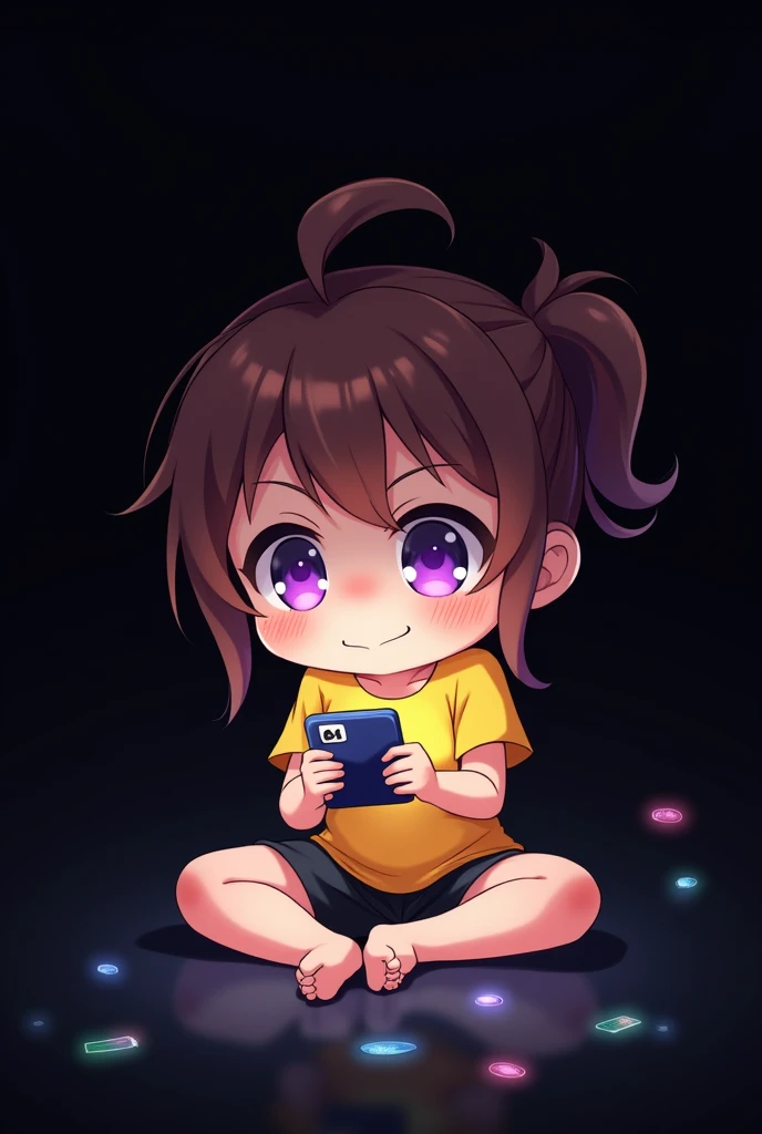 Gamer , black background , Anime girl , brown hair colour , ponytail hair style , yellow T-shirt , purple eyes , empty eye lens , uncaring eye , playing mobile game , chibi
