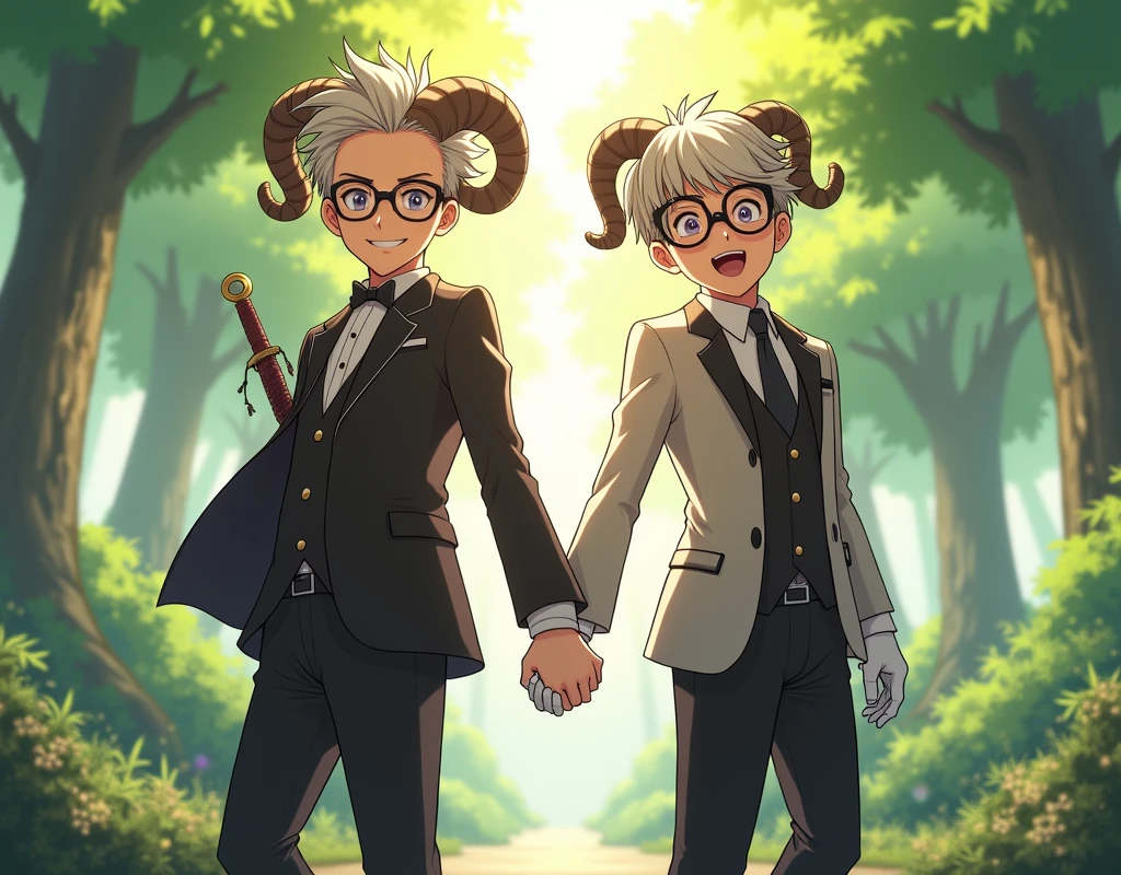 A cool butler boy in an anime style, wearing glasses、white gloves and with sheep horns.、An innocent warrior boy with ram's horns and a legendary sword on his back is holding hands and smiling