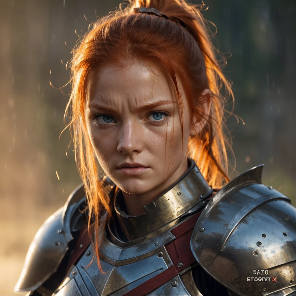 8k, high detail, photo, DSLR, short focal length, girl, ginger hair, ponytail, high detail eyes, angry, knight armour, light attenuation, rain, scar on face, battle damaged armour, wet.