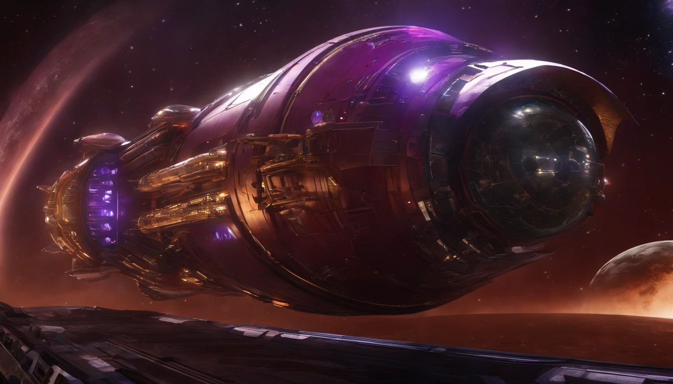 A starship of Royalpunk style,very intricate red details, aesthetic.The ship is adorned + purple royalistic ambiance, gears, levers, exact patterns, contrasting + its metallic gold body.Background has stars, ships, & gigantic Earth-type planet.750k UHD 4D. Styles of Larry Niven, & Miles Jeffries .Hyperrealistic, 2 vibrant diamond nacelles.