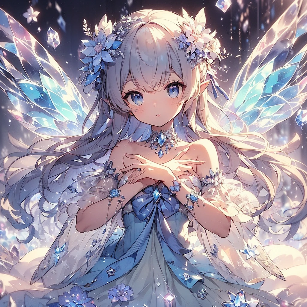 (Exquisite, beautiful, Very detailed, masterpiece, high quality, High resolution),(Soft and thin lines: 1.2, Beautiful and delicate face, Pixiv-inspired anime illustration,Illustration style printed on nijijourney, A cute illustration style of a beautiful girl in pastel colors that is going viral among Japanese people on Twitter),Shot from a distance so that the whole body is visible, (凍て付く暗く寒い景色の中ダイヤモンドでできた妖精の羽が背中から生えている氷の妖精姫が宙に浮きながら両手に白い冷気と氷の魔法を纏いながらbeautiful氷の魔法を使っている),Frozen surface, flowers, and trees,Ice crystals, (Ice tiara, earrings, necklace, and Mond bracelet,Diamond Rings,), ((氷やsnowをイメージしたのフリルが沢山ので華やかなボールガウンドレス:1.1, Balloon sleeves, Diamonds and ribbons and lace and frills, 背中からbeautifulダイヤモンドでできた妖精の羽:1.5)), (Cold-hearted,A cool look,Pale pink, plump lips,Fair skin, Transparent eyes,Large Bust,Good style),snow,Ice crystals
