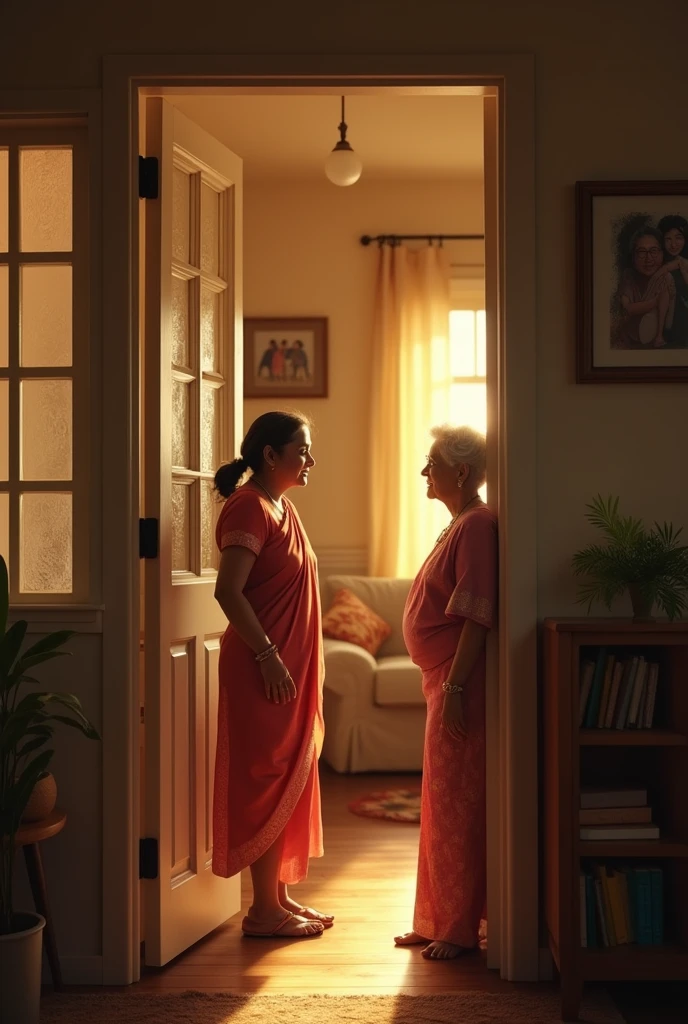 Image Prompt*: Priya being welcomed into the house by an elderly woman. The house is warmly lit from the inside.
