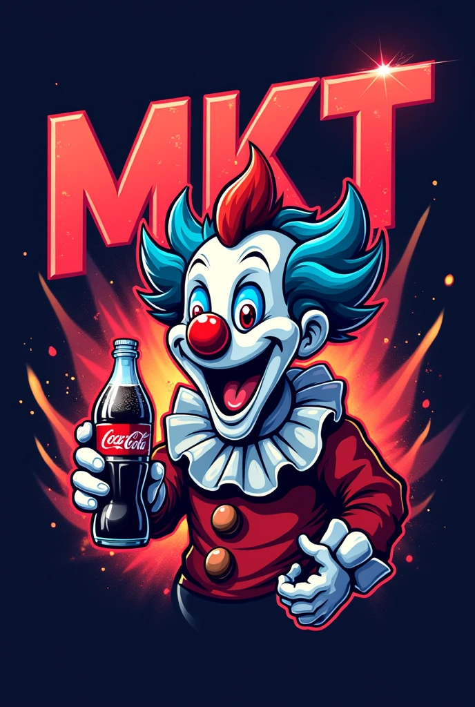 TIME eSPORTS LOGO with a clown holding a Coca-Cola in his hand with red MKT initials
