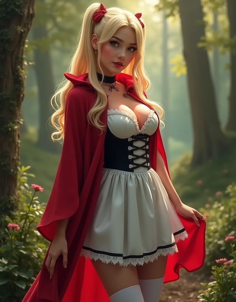 score_9, score_8_up, score_7_up, score_6_up, score_5_up, score_4_up, realistic style, photo, photorealistic, high detail, (sharp), BRAKE, beautiful blonde, pigtails, curvy, big breasts, big hips, Little Red Riding Hood costume, low neckline, white stockings, posing in a fairy forest, looking at viewer, bright photo,