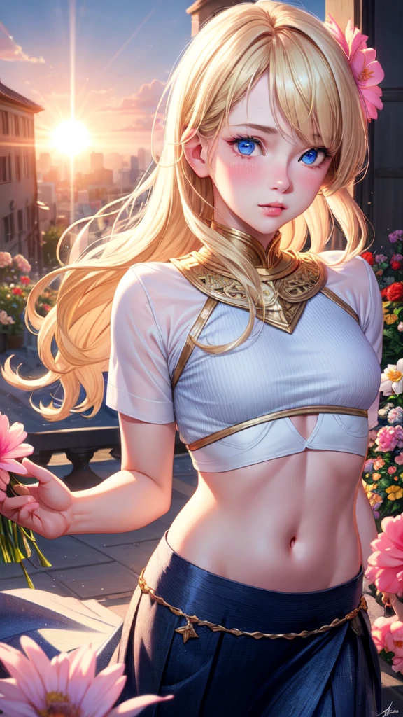 Realistic, One person, Blonde, Blue Eyes, Glowing Eyes, Crop top, skirt, Lips parted, blush, night, Flowers, sun, sunlight,