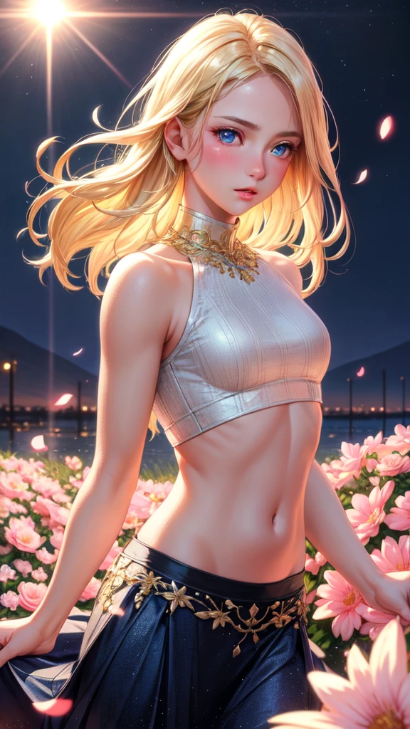 Realistic, One person, Blonde, Blue Eyes, Glowing Eyes, Crop top, skirt, Lips parted, blush, night, Flowers, sun, sunlight,