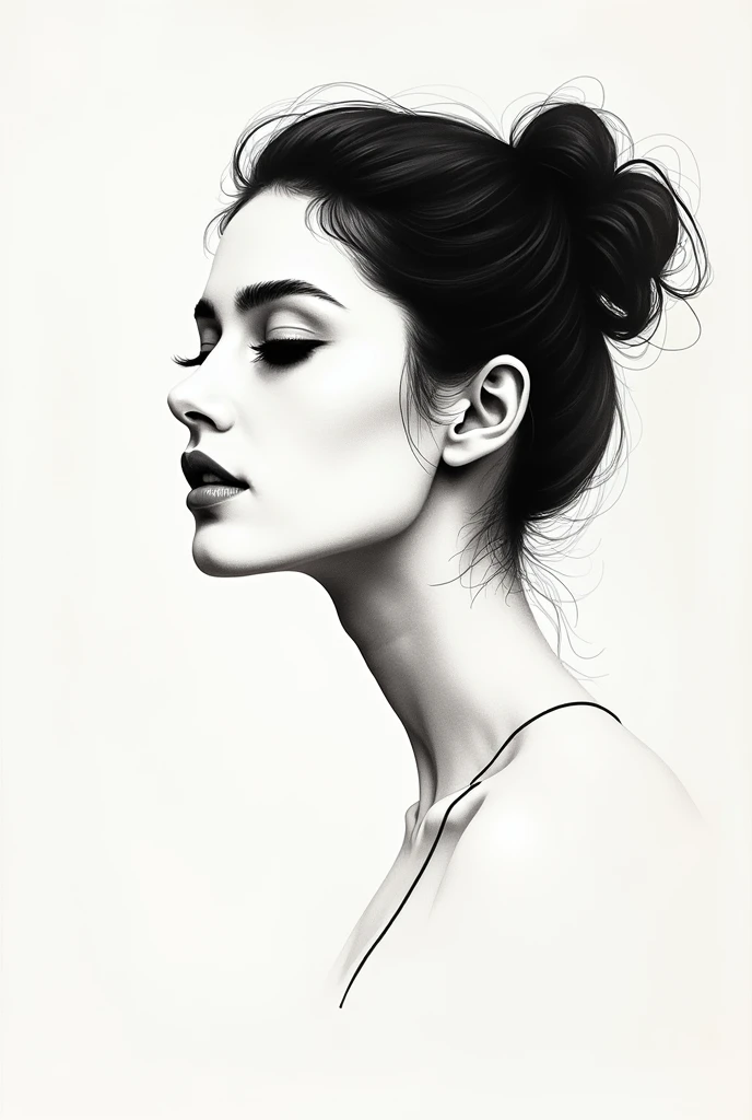 elegant girl，black and white ink painting，pen sketch，Loose brushstrokes，Pen outlines delicate lines，Smooth movements，Subtle ink tones，elegant gesture，calm expression，Exquisite facial features，black and white，Clean