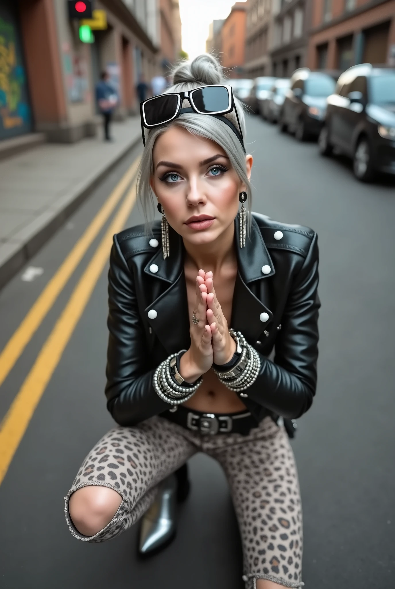 russian old milf woman, gray hair (huge top bun with shaved sides) and sunglasses as headband (big square maxi glasses), with very light blue eyes, extremely pale. Wearing cropped black moto jacket, black bra, brown leopard print leggings with worn knees and pointy silver Chelsea boots with cuban heels . Lots of metallic bracelets and collars. Tacky leather belt with oversized buckle. Long silver earrings. Kneeling in a payer, looking up, chin up, eyes and mouth wide open in amazement. Hands in praying position. Looking at the camera in amazement, toned abdominals, thin legs and thin arms. tattoed