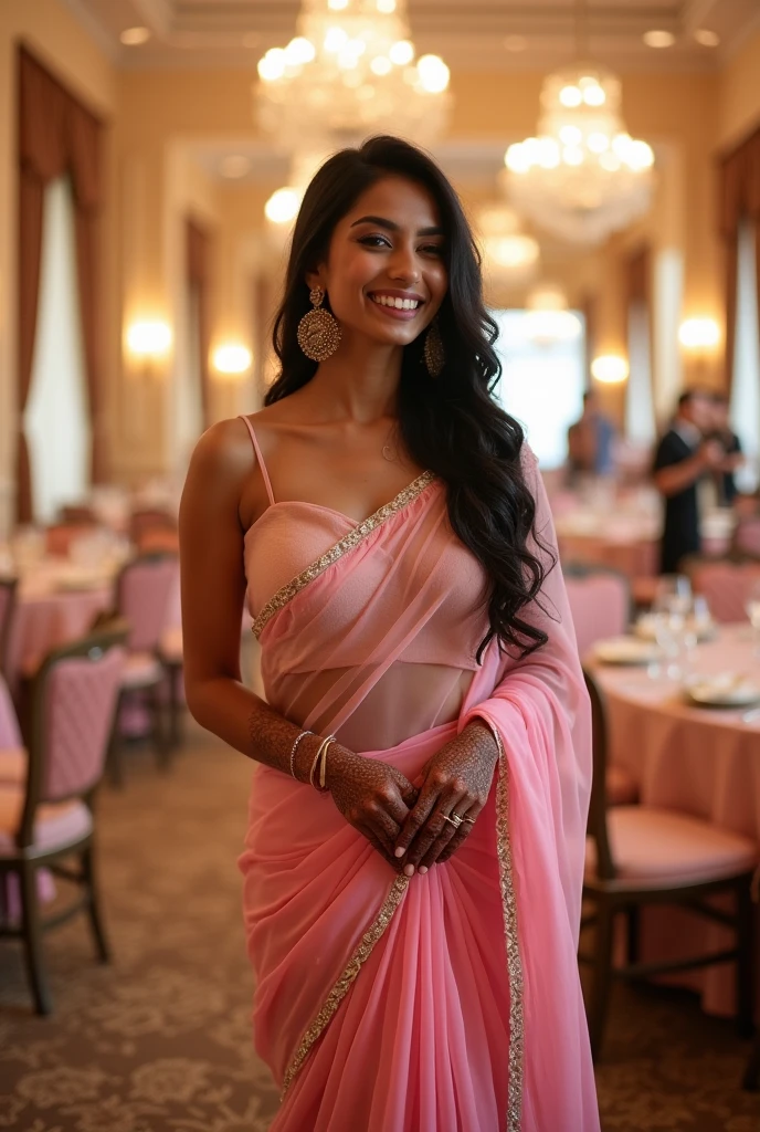 Hot girl Indian big boobs wearing pink thin transparent sari showing boobies nipples, nsfw, she is in a wedding ball room
