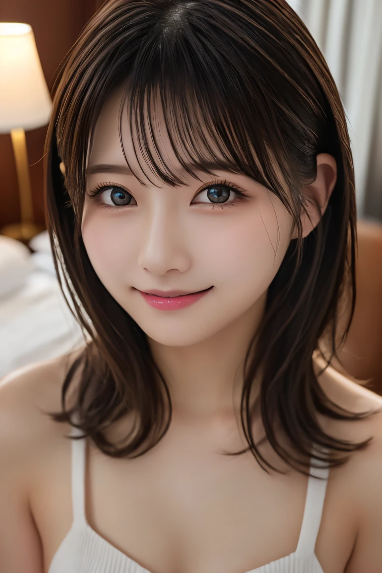 Highest quality, (beautiful)、beautiful女性、、Precision Eyes、Looking into the camera、Medium Hair、Inward curl hair、smile、Hotel room、Completely naked、Shoot from above、Close-up of face、Soft boobs、