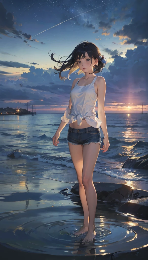 (close:1.4)、(RAW Photos:1.2)、(Realistic:1.4)、(masterpiece:1.3)、(Highest quality:1.4)、girl、(Night view:1.2)、Tank top、Denim shorts、cute、Step into the sea、Standing on tiptoes、landscape、Between the horizon and the sea、Side view、Ripples spreading from the toes、Standing about 20 meters away、On the Sea、The whole scene is Shiny O&#39;s、illumination、