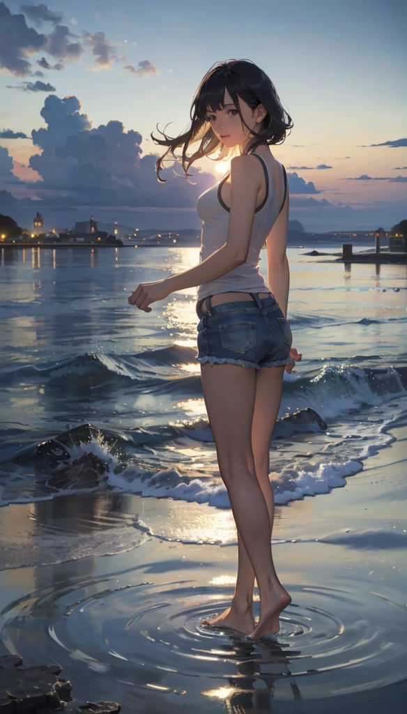 (close:1.4)、(RAW Photos:1.2)、(Realistic:1.4)、(masterpiece:1.3)、(Highest quality:1.4)、girl、(Night view:1.2)、Tank top、Denim shorts、cute、Step into the sea、Standing on tiptoes、landscape、Between the horizon and the sea、Side view、Ripples spreading from the toes、Standing about 20 meters away、On the Sea、The whole scene is Shiny O&#39;s、illumination、