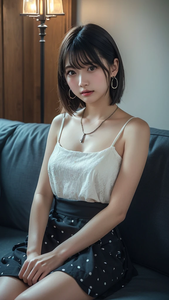 (Highest quality:1.4),(masterpiece:1.4),(Realistic:1.4),(Realistic:1.2),(超High resolution, RAW Photos:1.4),(High resolution, Ultra-detailed:1.2),(8K:1.2),View your viewers,Cinematic photography,One girl,wearing white and black polka dots dress, skeletally correct,Black-haired woman,(Small earrings,necklace,A dress that fits perfectly to the body,Exposing shoulders,Long flared skirt,Beautiful body lines,View from the front),(Western-style building interior,Dimly lit room,The lamplight shines on my cheeks,Sit on the sofa)