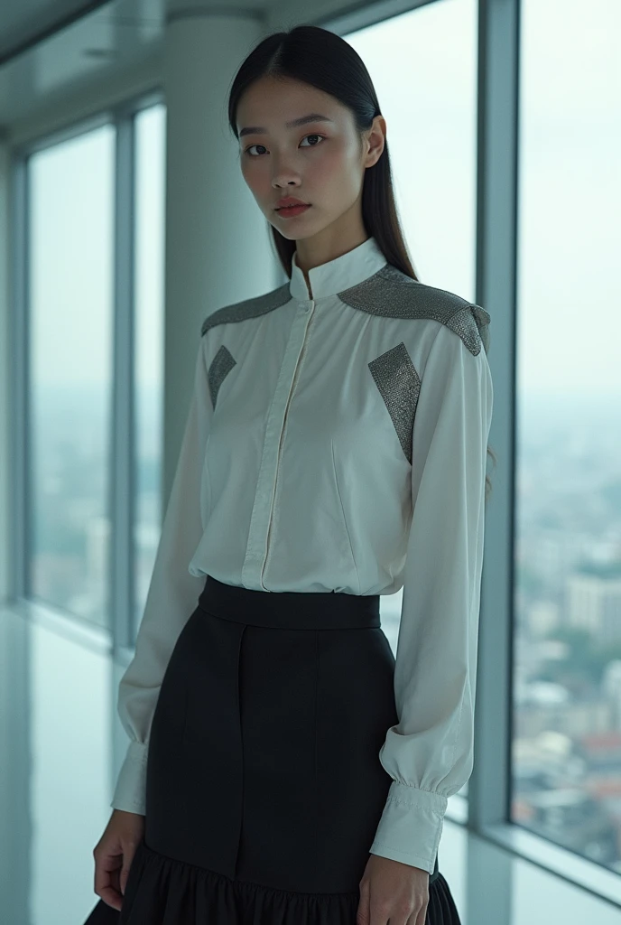 10. High-Collar Blouse and Tailored Skirt:
• A high-collar blouse with metallic accents and a tailored, knee-length skirt. The outfit is clean and professional, with just enough futuristic detail to hint at a dystopian world without being over the top.
Can you create me 10 images for these topics these are costumes inspired by the movie elysium 2013 for a girl For more casual office wear can you create images only create images for girls
