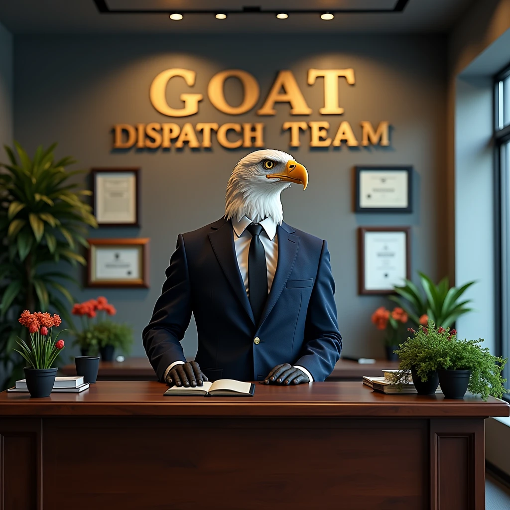Eagle with suit sitting in the office under the letter "GOAT DISPATCH TEAM"

