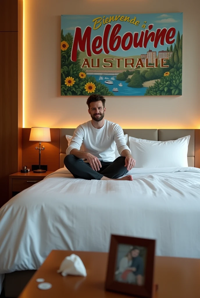 Homme caucasien grand de taille, charmant, un peu costaud, habillé en pantalon et tee-shirt manche longue, assis ou adossé sur une table dans une grande chambre d'hôtel, sur la table qu'il y ait également un papier mouchoir déjà utilisé sur la table et sur le lit de l'hôtel qu'il soit déposer un cadre photo grand ou moyen qu'il est possible de faire arrêter sur le lit et faire face à la caméra et sur le mur du chevet du lit un tableau sur lequel il est écrit en français : Bienvenue à Melbourne AUSTRALIE et autour de la phrase qu'il y ait les emblèmes du Canada Québec ou le drapeau du Canada Québec