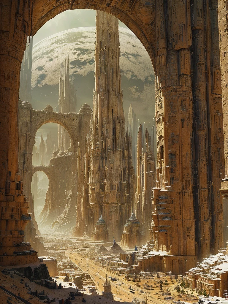there is a large city with a huge arch in the middle of it, in fantasy sci - fi city, martian city, ancient sci - fi city, huge futuristic temple city, beautiful sci fi art, science fiction concept art, science fiction city, an alien city, stunning concept art, planetary city, ancient yet futuristic, big and structured valhalla city