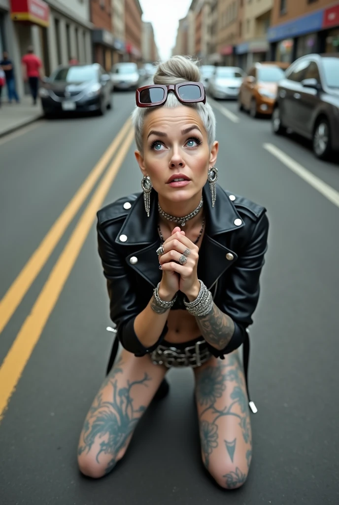 russian old milf woman, gray hair (huge top bun with shaved sides) and sunglasses as headband (big square maxi glasses), with very light blue eyes, extremely pale. Wearing cropped black moto jacket, black bra, brown leopard print leggings with and pointy  silver Chelsea boots with cuban heels . Lots of metallic bracelets and collars. Tacky leather belt with oversized buckle. Long silver earrings. Kneeling in a payer, looking up, chin up, eyes and mouth wide open in amazement. Hands in praying position. Looking at the camera in amazement,  toned abdominals, thin legs and thin arms. tattoed