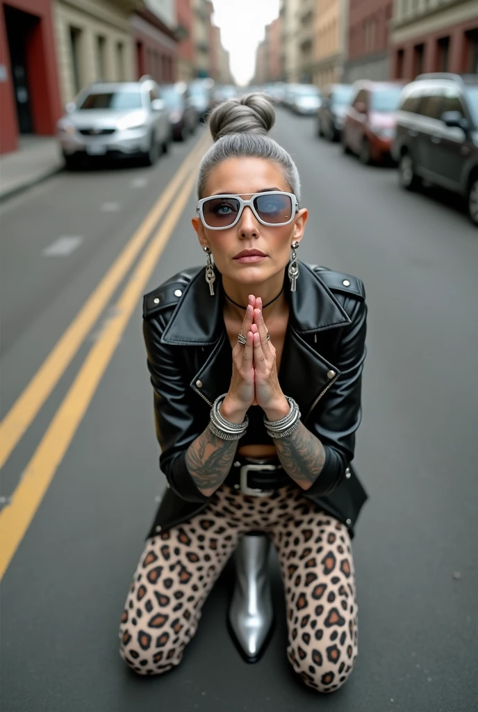 russian old milf woman, gray hair (huge top bun with shaved sides) and sunglasses as headband (big square maxi glasses), with very light blue eyes, extremely pale. Wearing cropped black moto jacket, black bra, brown leopard print leggings with and pointy silver Chelsea boots with cuban heels . Lots of metallic bracelets and collars. Tacky leather belt with oversized buckle. Long silver earrings. Kneeling in a payer, looking up, chin up, eyes and mouth wide open in amazement. Hands in praying position. Looking at the camera in amazement, toned abdominals, thin legs and thin arms. tattoed