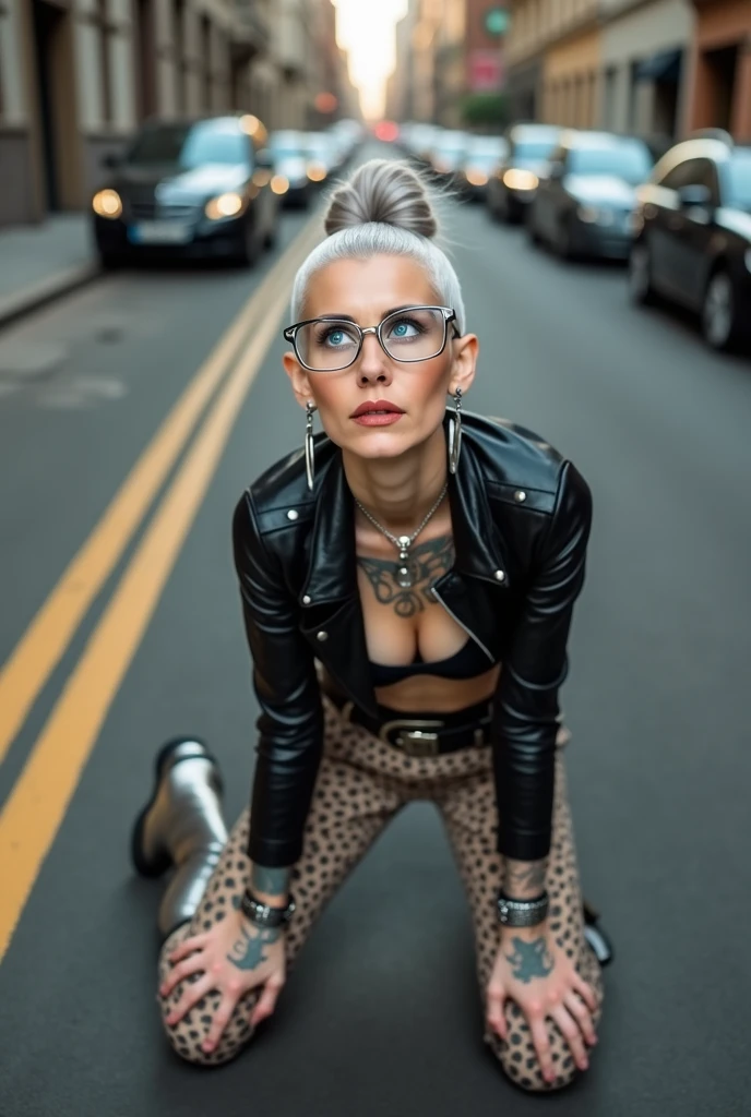 russian old milf woman, gray hair (huge top bun with shaved sides) and sunglasses as headband (big square maxi glasses), with very light blue eyes, extremely pale. Wearing cropped black moto jacket, black bra, brown leopard print leggings with and pointy silver Chelsea boots with cuban heels . Lots of metallic bracelets and collars. Tacky leather belt with oversized buckle. Long silver earrings. Kneeling in a payer, looking up, chin up, eyes and mouth wide open in amazement. Hands in praying position. Looking at the camera in amazement, toned abdominals, thin legs and thin arms. tattoed