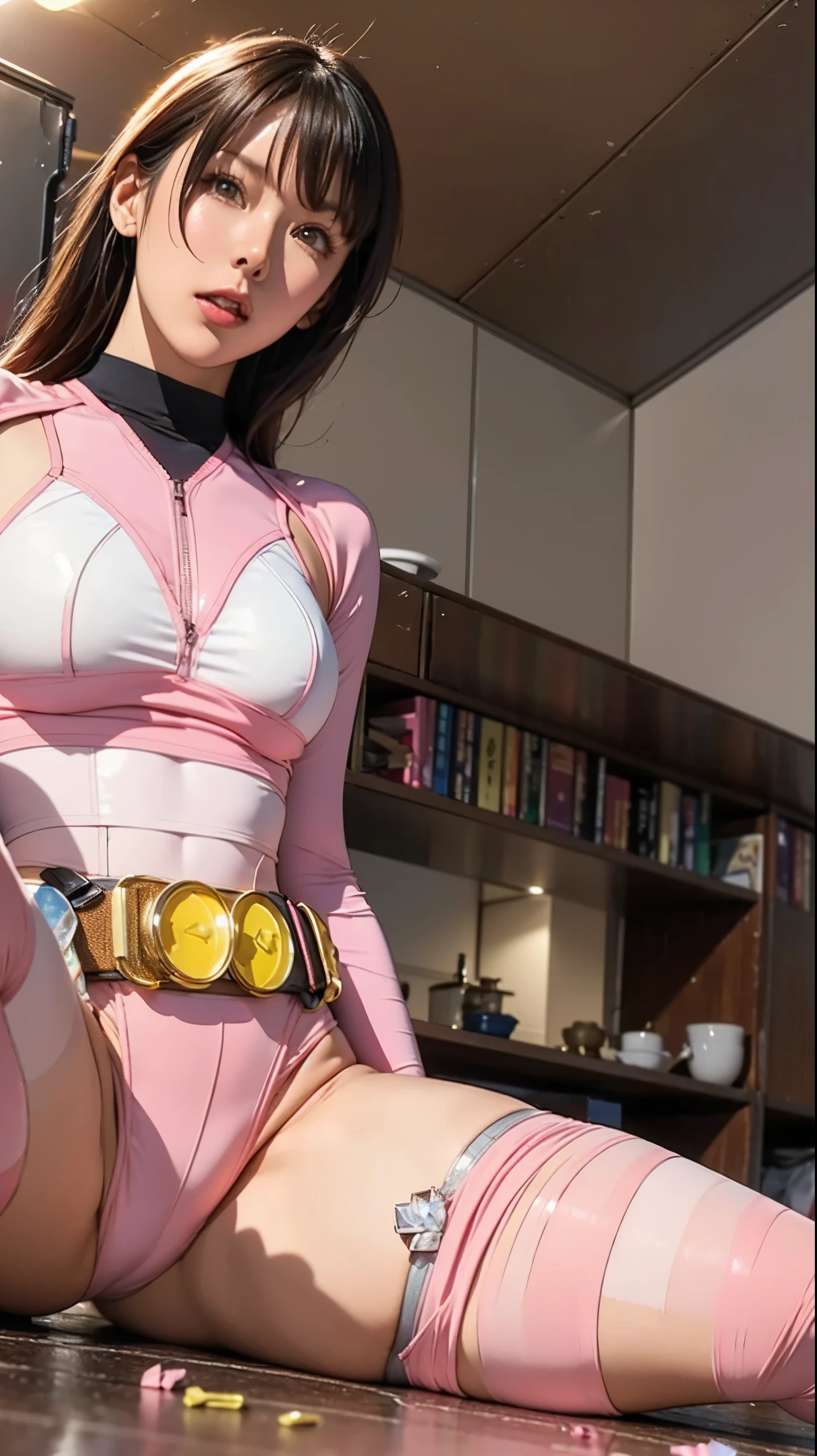 good better hand, Solo, A brave and courageous image of a 6 member ranger team, Each one is decorated in vibrant colors such as:: ((Pink)), red is front of center, violet, Green, yellow, blue black, white,. Heart motif belt, Dynamic poses in a background that exudes energy and courage, neon, fire, plasma, Fluorescent, shocking, pink big bomber, splashing pink, running, fighting pose, action pose, Embodying the essence of the classic Sentai superhero team. Each Ranger:: The attire is sophisticated and modern, Each color has elements that reflect its theme., Ready for action. ((Camel Toe)), weapons, in sunset background , in cinematic lighting, cover art mixed cinema poster style,
