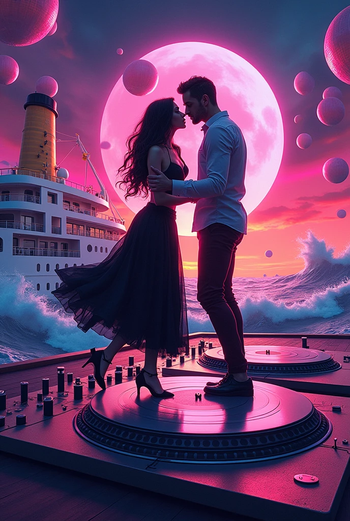 DJ FRANK JR and DJ FROSTI needs an artwork for a club event, the Name is LOVE ON DECKS, the name of this 80's and 90's party is a pun of cruise ship and DJ turn tables. Includ a gothic couple